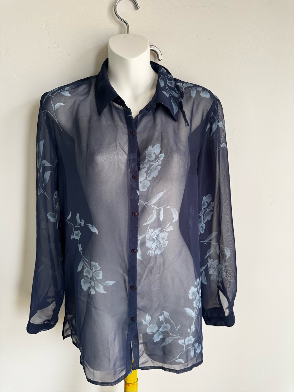 Vintage Y2K Norton McNaughton Navy Blue Sheer Floral Button-Up Blouse